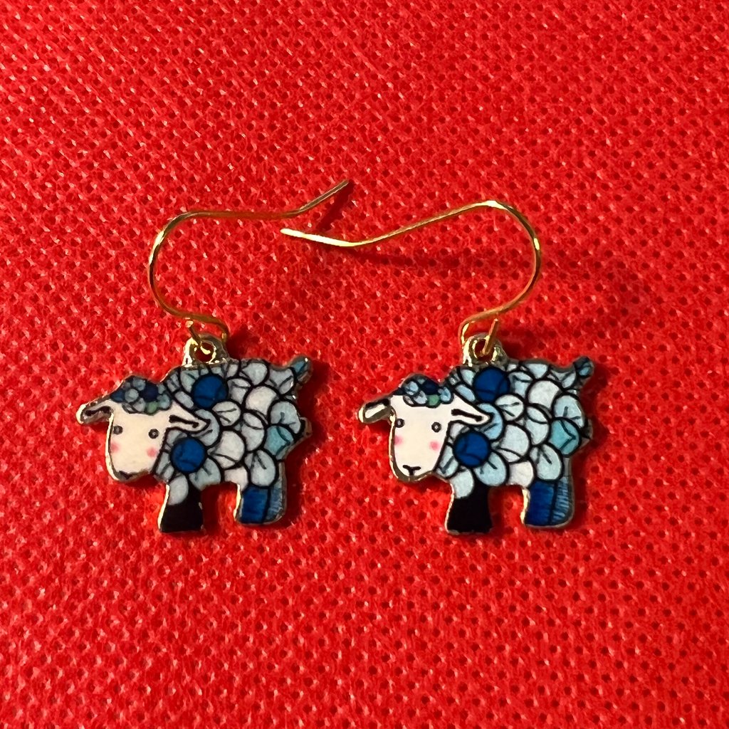 Blue And White Sheep Gold Tone French Hook Pierced Earrings
